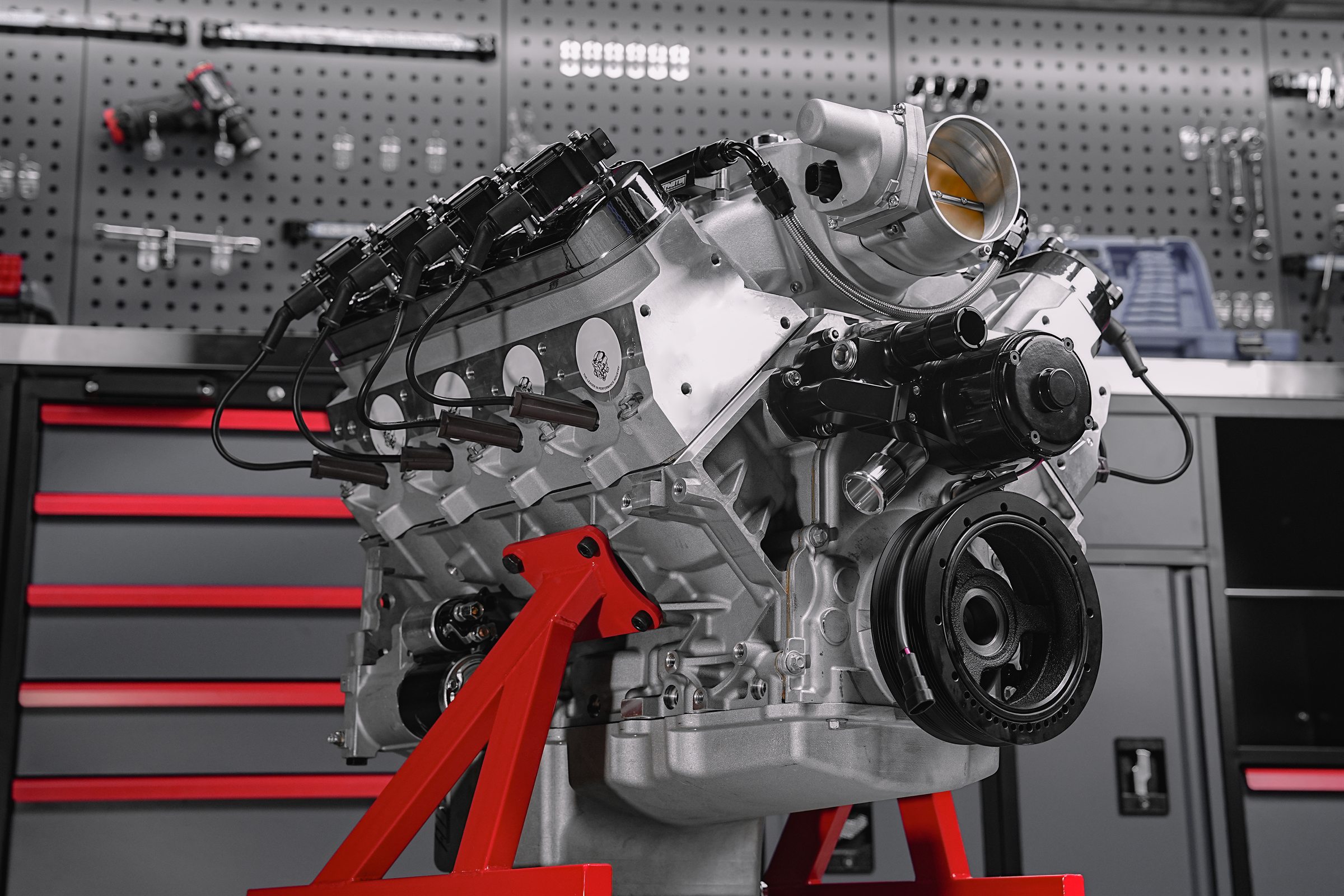LS3 complete engine close-up in workshop